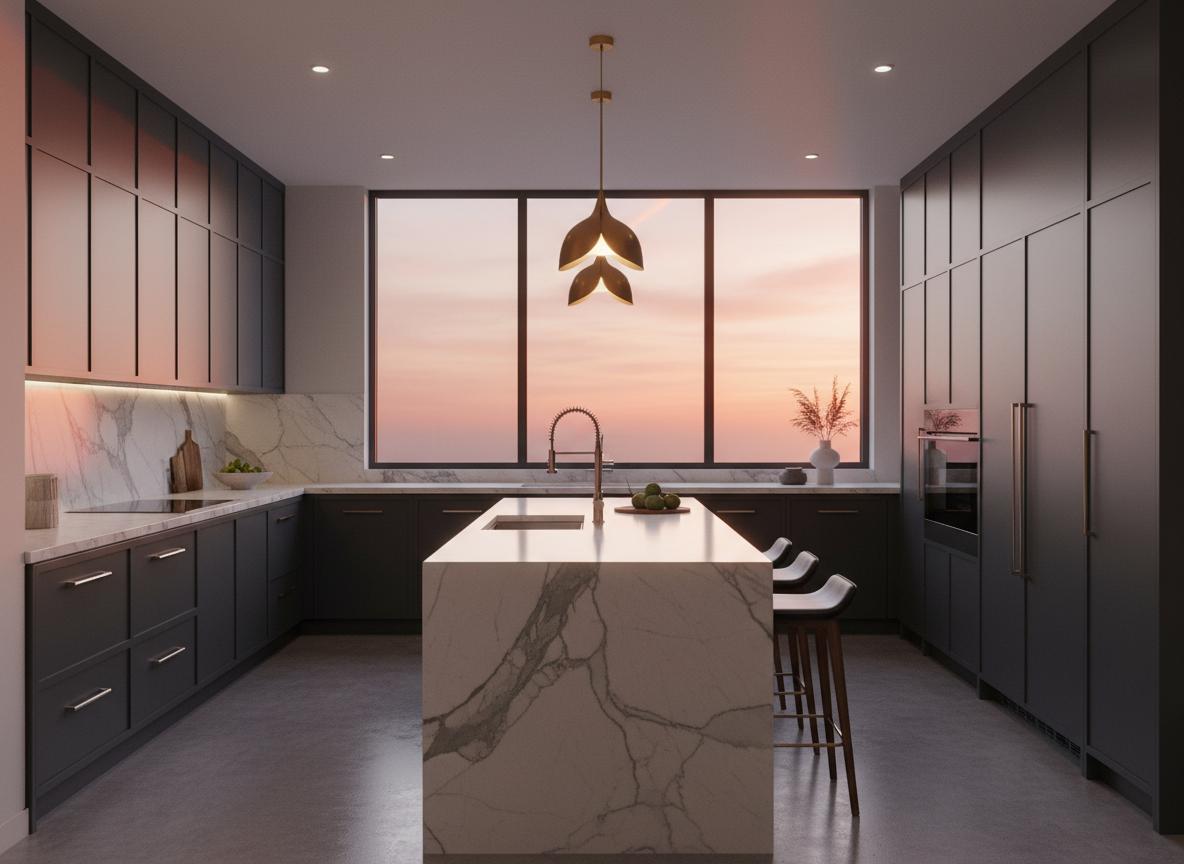 Modern kitchen with sunset view